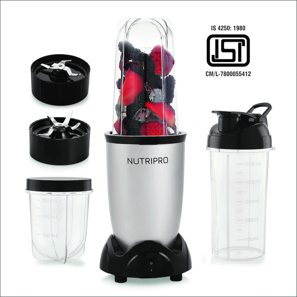 NutriPro Juicer Mixer Grinder - Smoothie Maker - 500 Watts (2 Jars & 1 Blade, Silver) - 2 Year Warranty